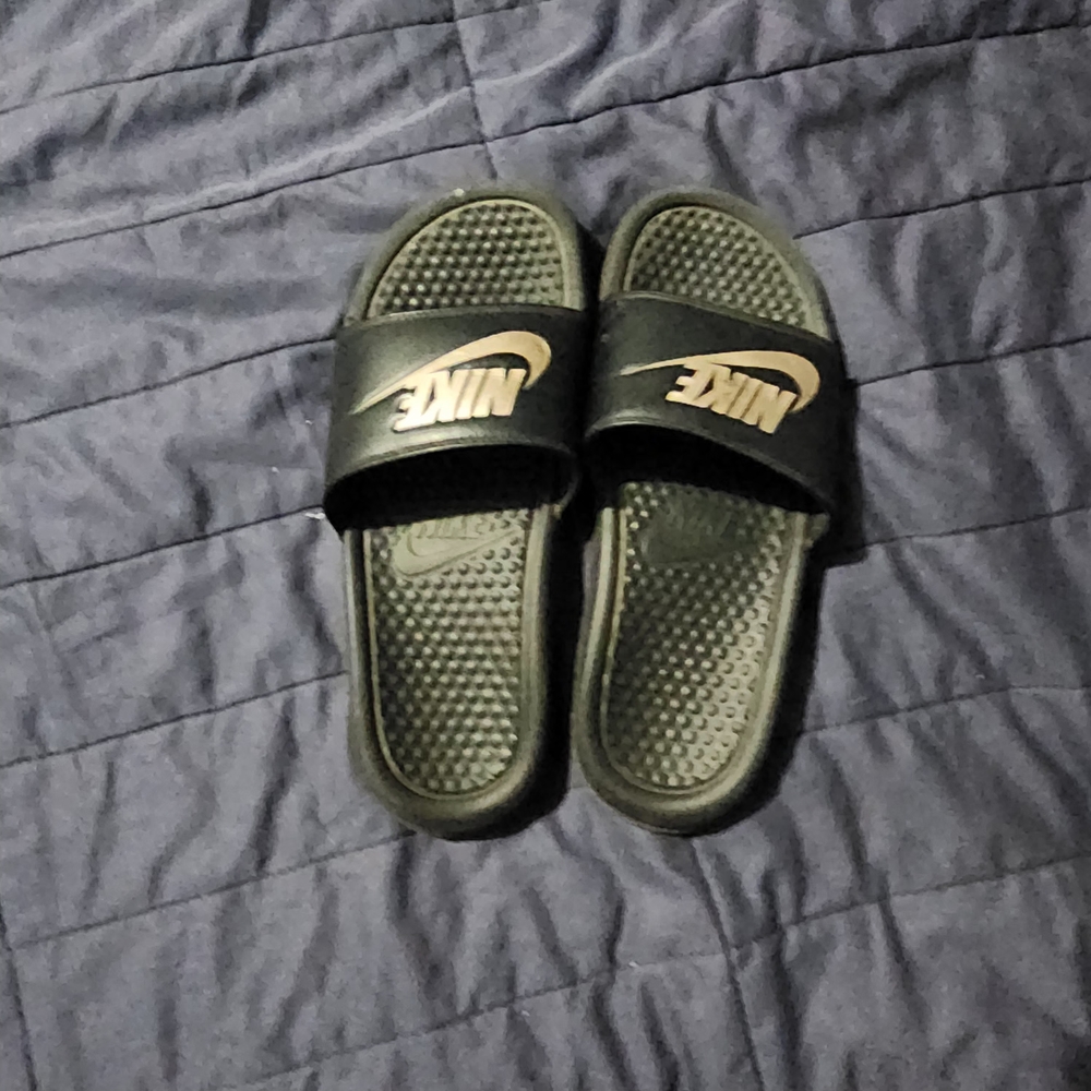 Nike Black and Gold Athletic Slides